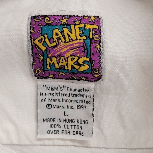 Vintage 1997 Planet Mars M&Ms Embroidered Shirt Size Large 90s Button Down Candy - Picture 2 of 8